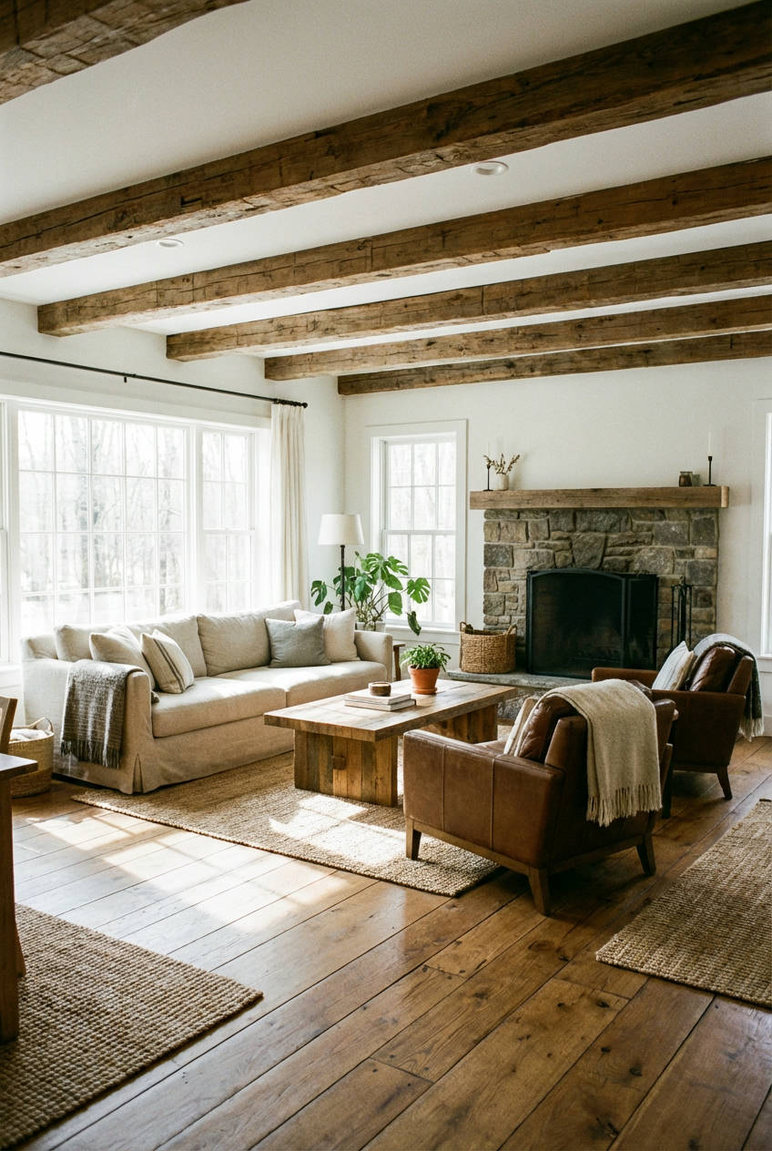 Warm Wood Tones: Floor and Beams