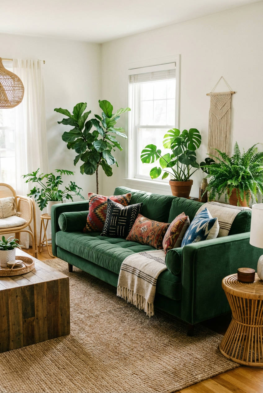 Green Plush Couch & Global Textiles