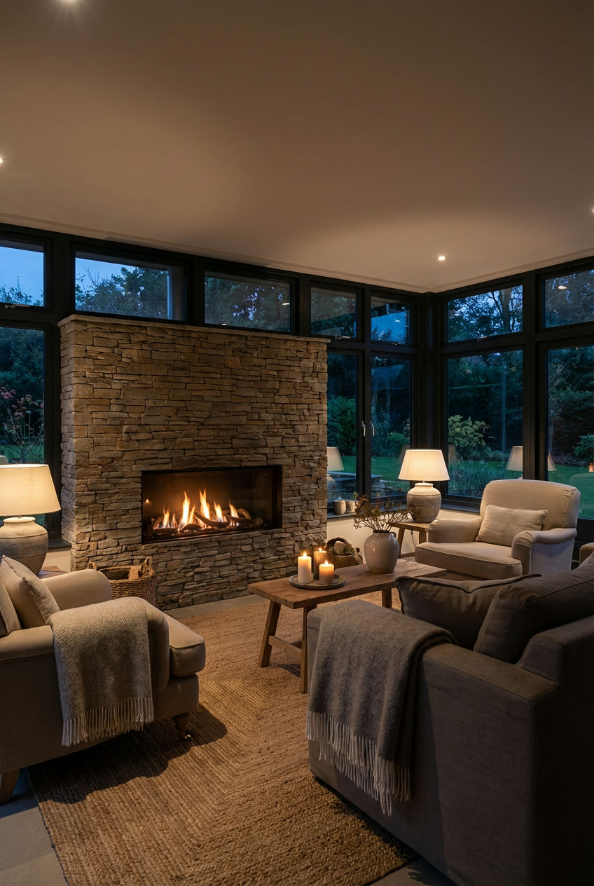 Sunroom with a Fireplace