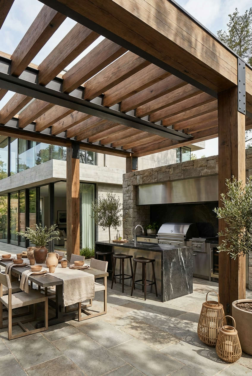 Attached Pergola with Outdoor Kitchen