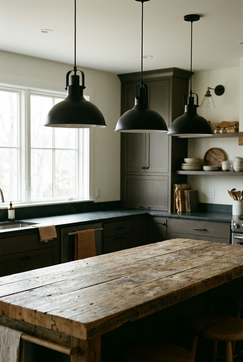 Reclaimed Wood Elements & Industrial Pendants