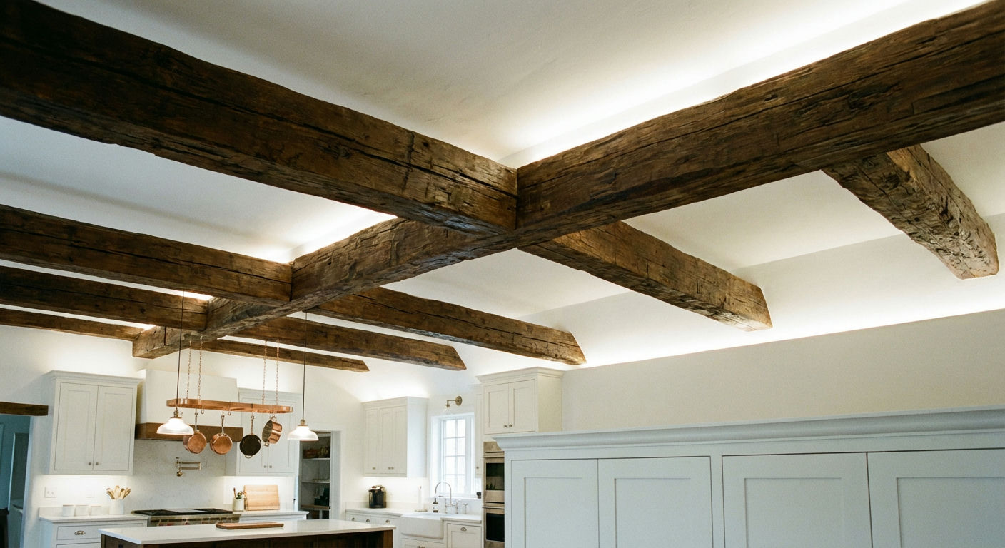 Exposed Wooden Beams with White Ceiling
