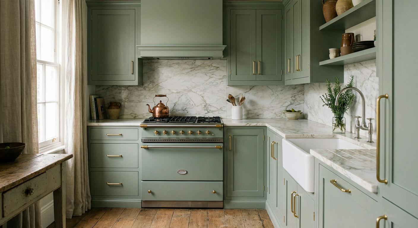 Soft Sage Cabinetry with Brass Hardware