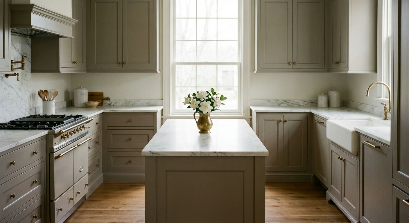 Warm Gray Cabinetry with Marble Countertops