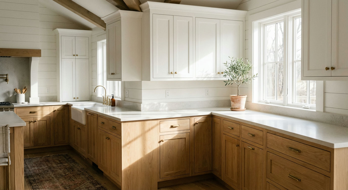 Two Toned Cabinetry Upper White Lower Wood