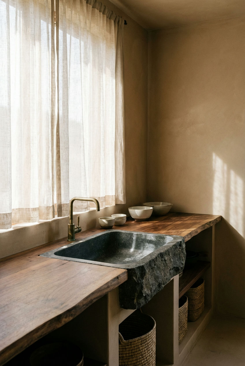 Textured Stone Sink & Wood Slab Countertops
