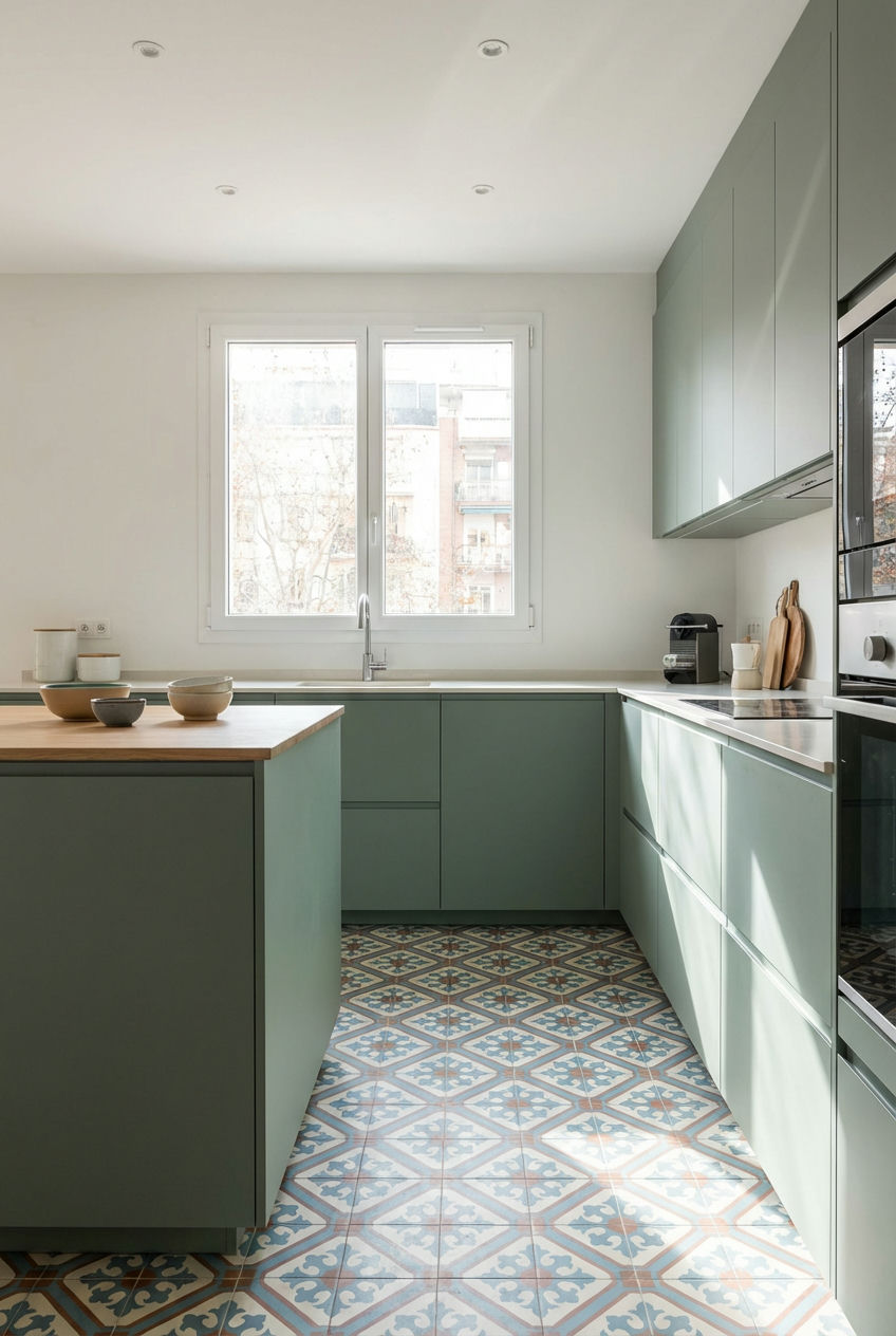 Patterned Floor Tiles & Solid Color Cabinets