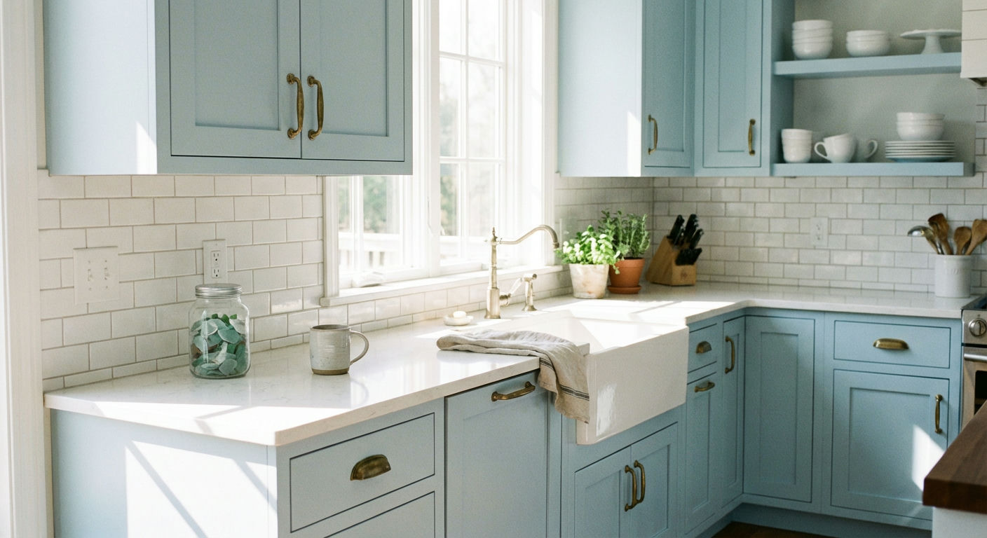 Coastal Inspired Light Blue Cabinets