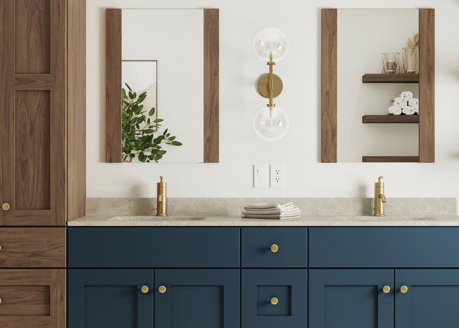 Modern Farmhouse Bath with Walnut & Navy Blue | Bertch