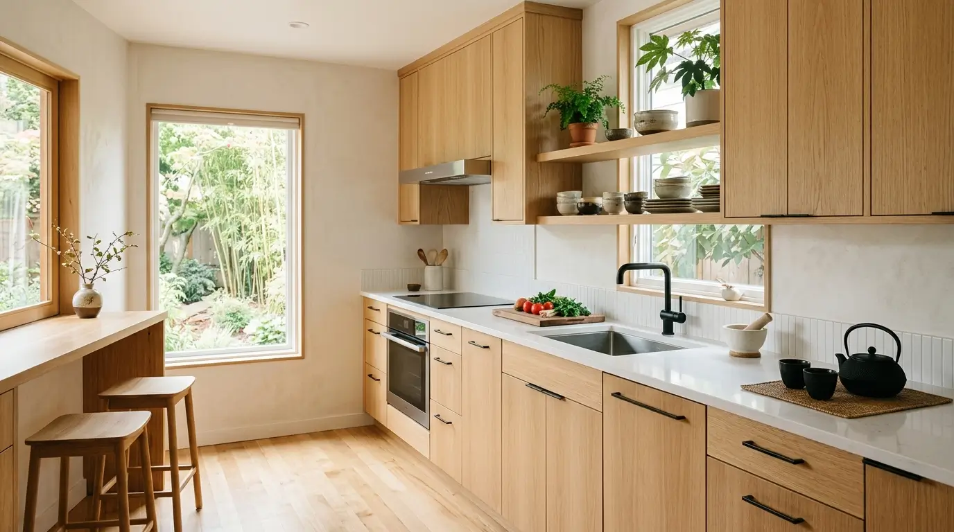 Modern Japanese Kitchen with Light Wood Cabinets