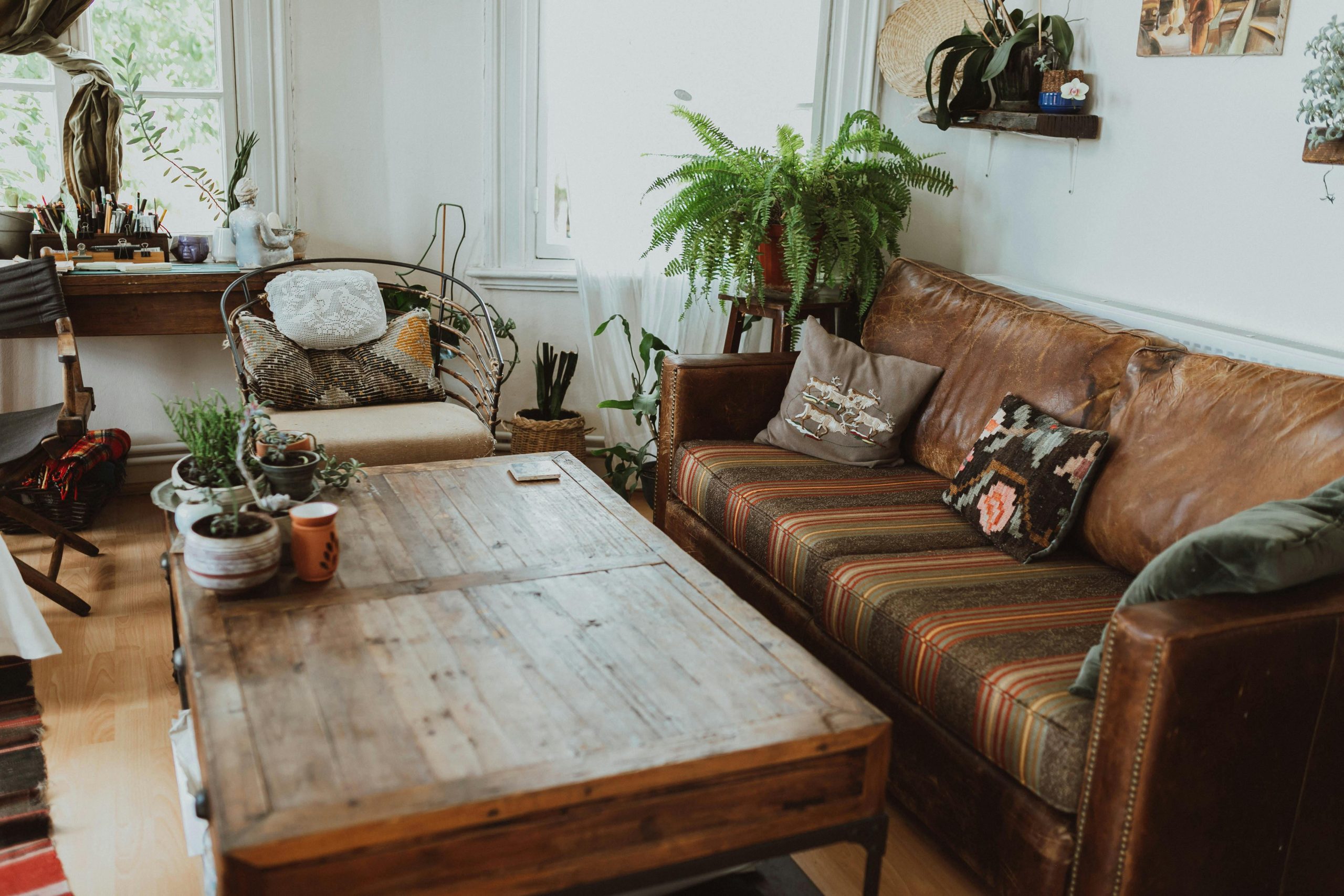 A cozy living room featuring rustic furniture and lush greenery for a relaxed ambiance.