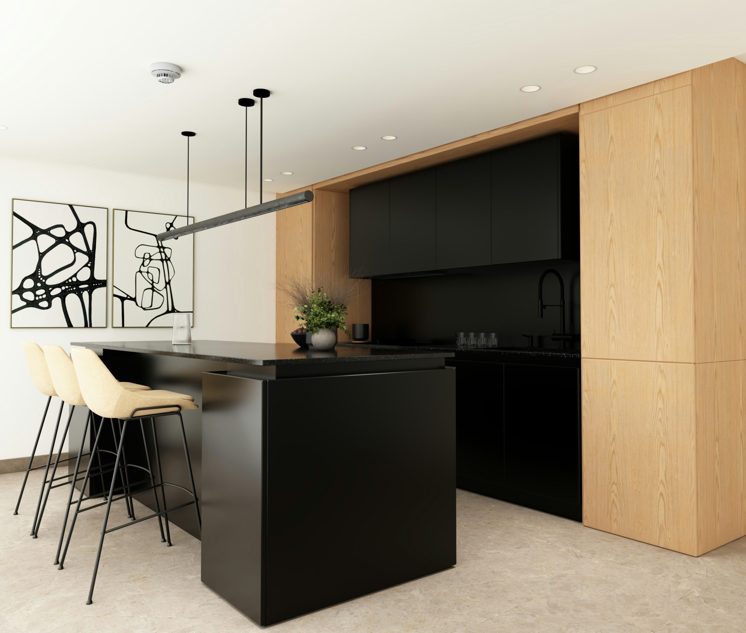 A refined modern kitchen interior designed with minimalist elegance. Natural oak textures, matte black cabinetry, soft daylight, and clean architectural lines create a calm and timeless atmosphere. De