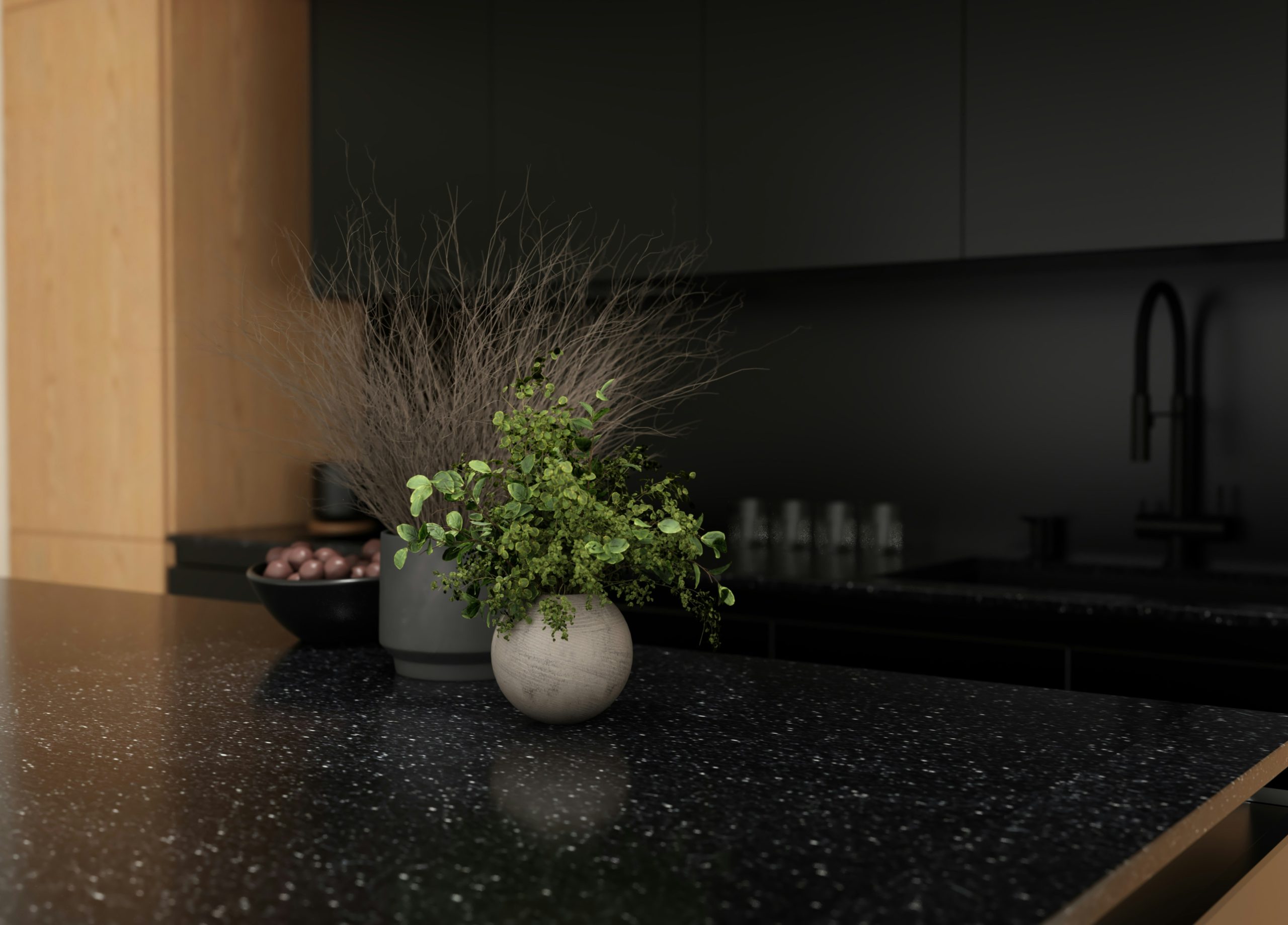 A refined modern kitchen interior designed with minimalist elegance. Natural oak textures, matte black cabinetry, soft daylight, and clean architectural lines create a calm and timeless atmosphere. De