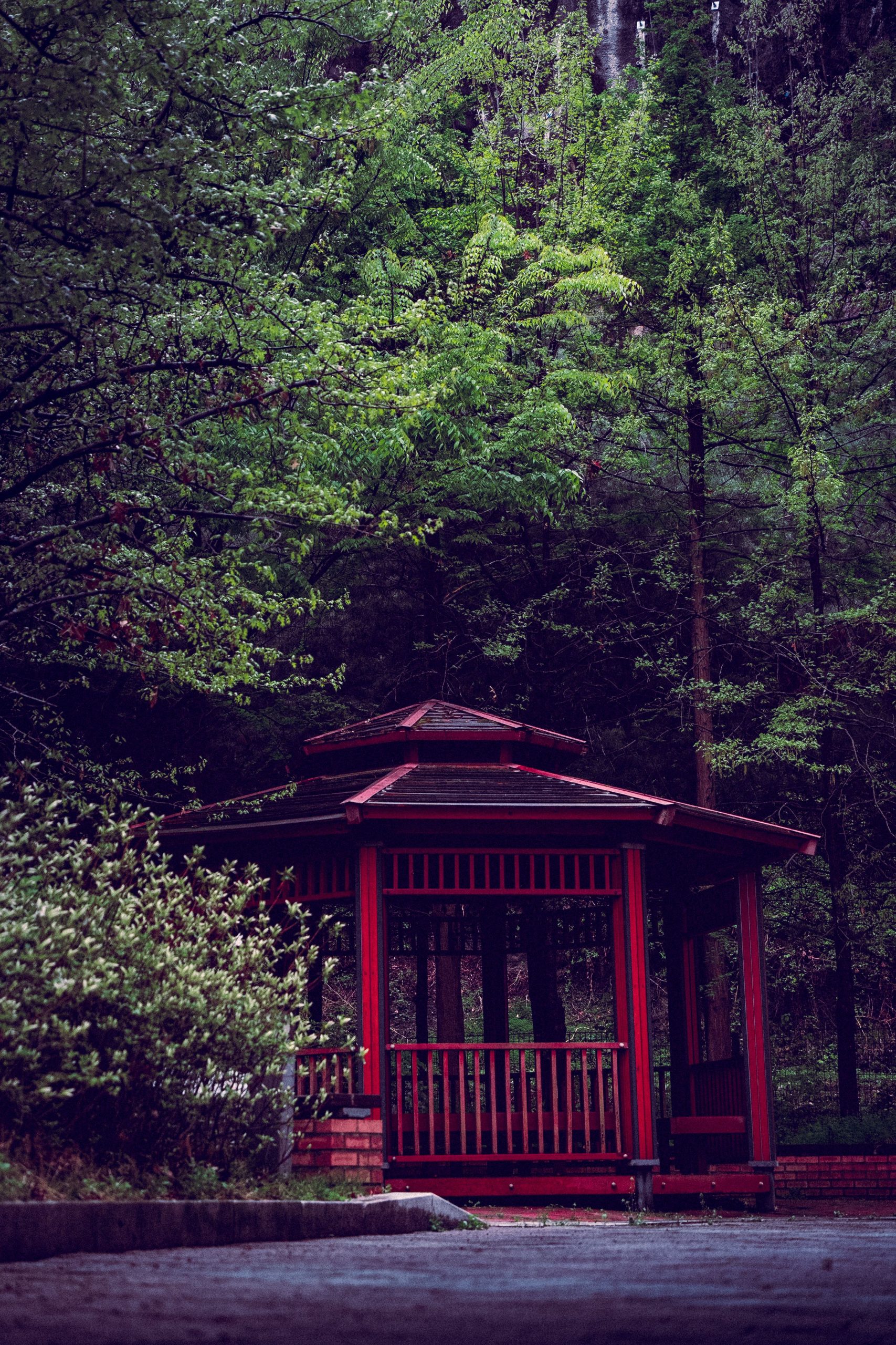 A tranquil red gazebo surrounded by lush green trees in a peaceful forest.