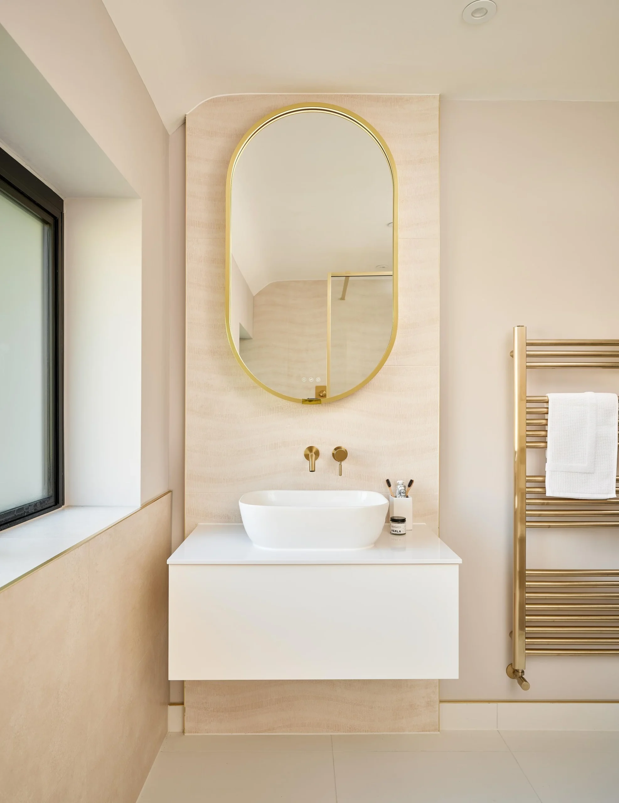 Bathroom Design: Children's En-suite With Pink Tiles And Brushed Brass Brassware