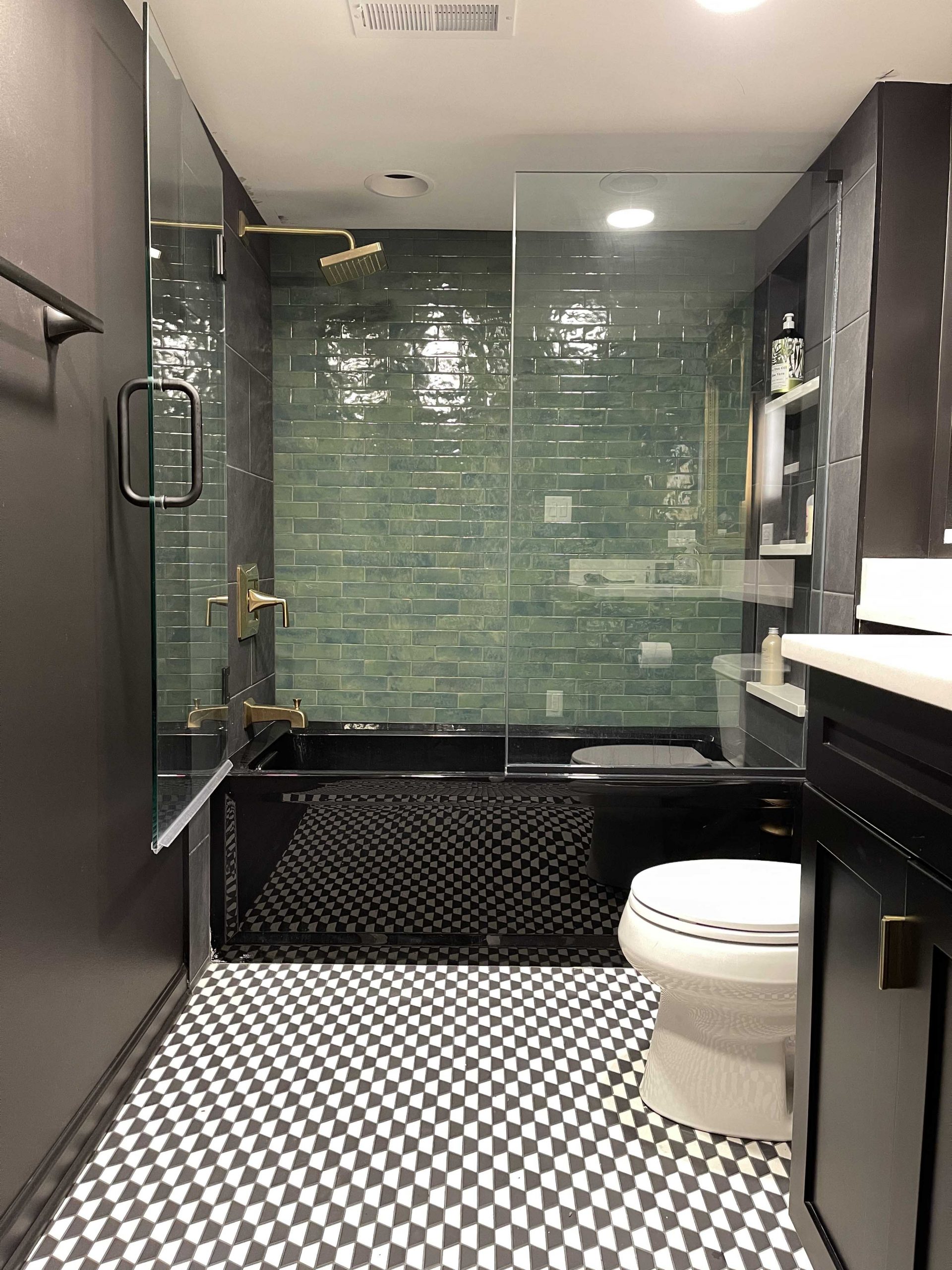 Black and Emerald Green Bathroom Remodel with Gold Accents : Normandy Remodeling
