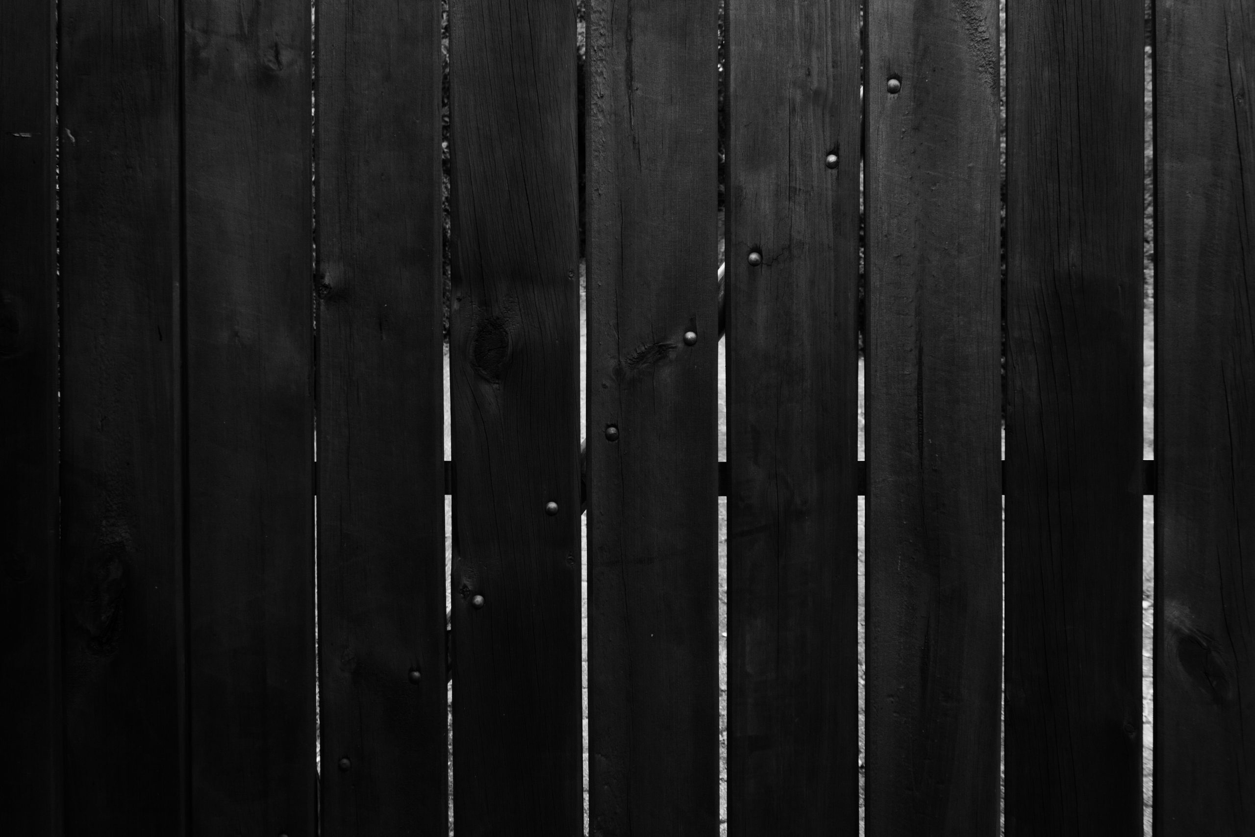 Black and white photo of vertical wooden fence panels with natural textures and details.
