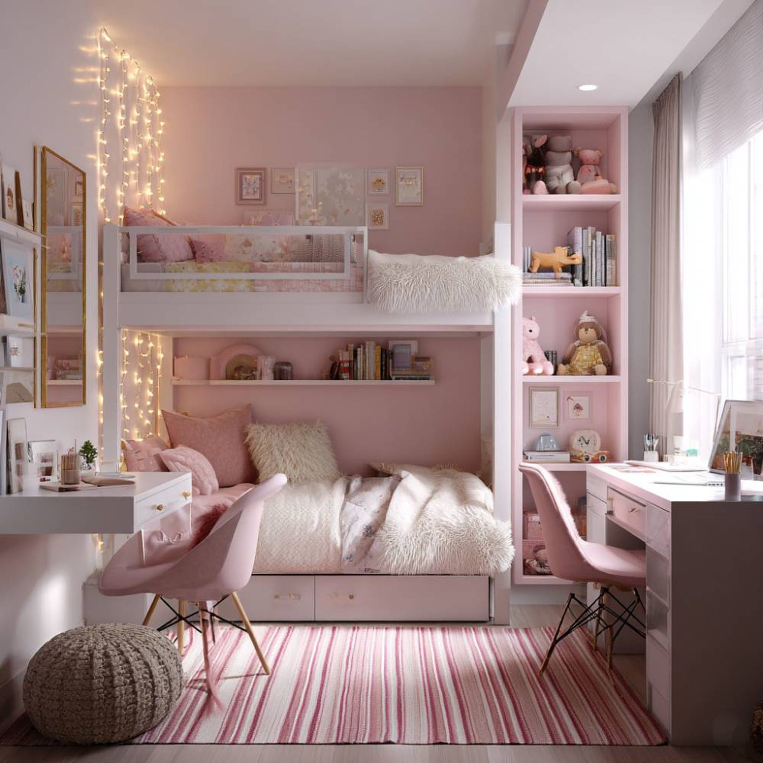 Blush Pink Modern Kids Bedroom Design with Two-Sharing Bunk Bed with Wall Storage | Livspace