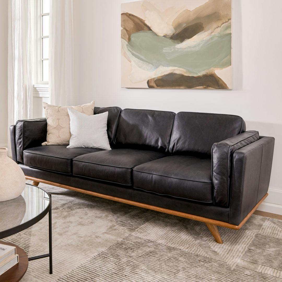 Charme Black Timber Leather Honey Oak 3 Seater Sofa | Article