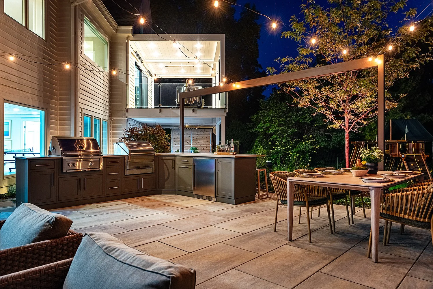 Chicago Suburban Glen Ellyn Louvered Pergola Struxure Renson Hanso Pratic Outdoor Kitchen — Reveal Design LLC