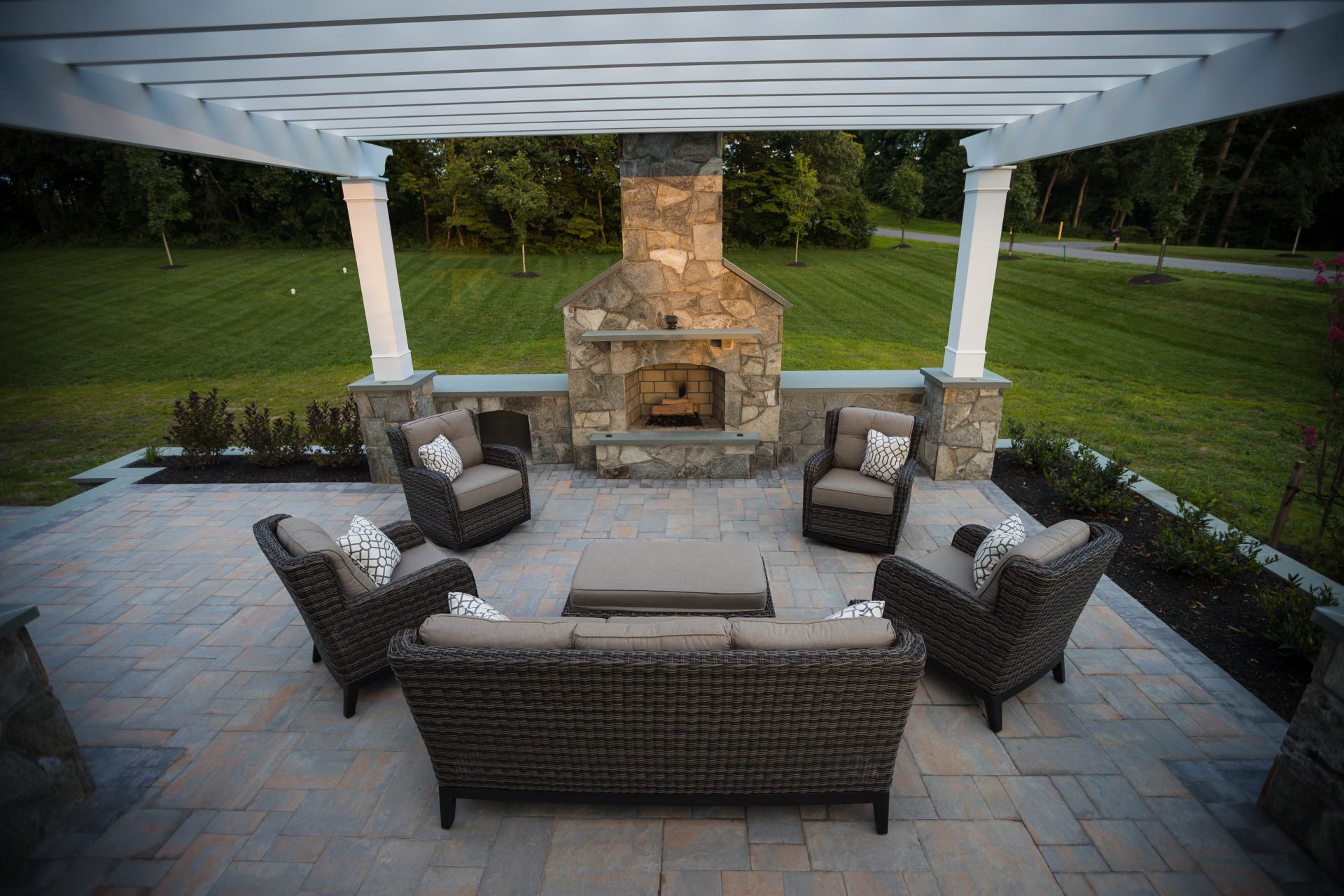 Covered Porch, Outdoor Fireplace, Pergola, Landscaping