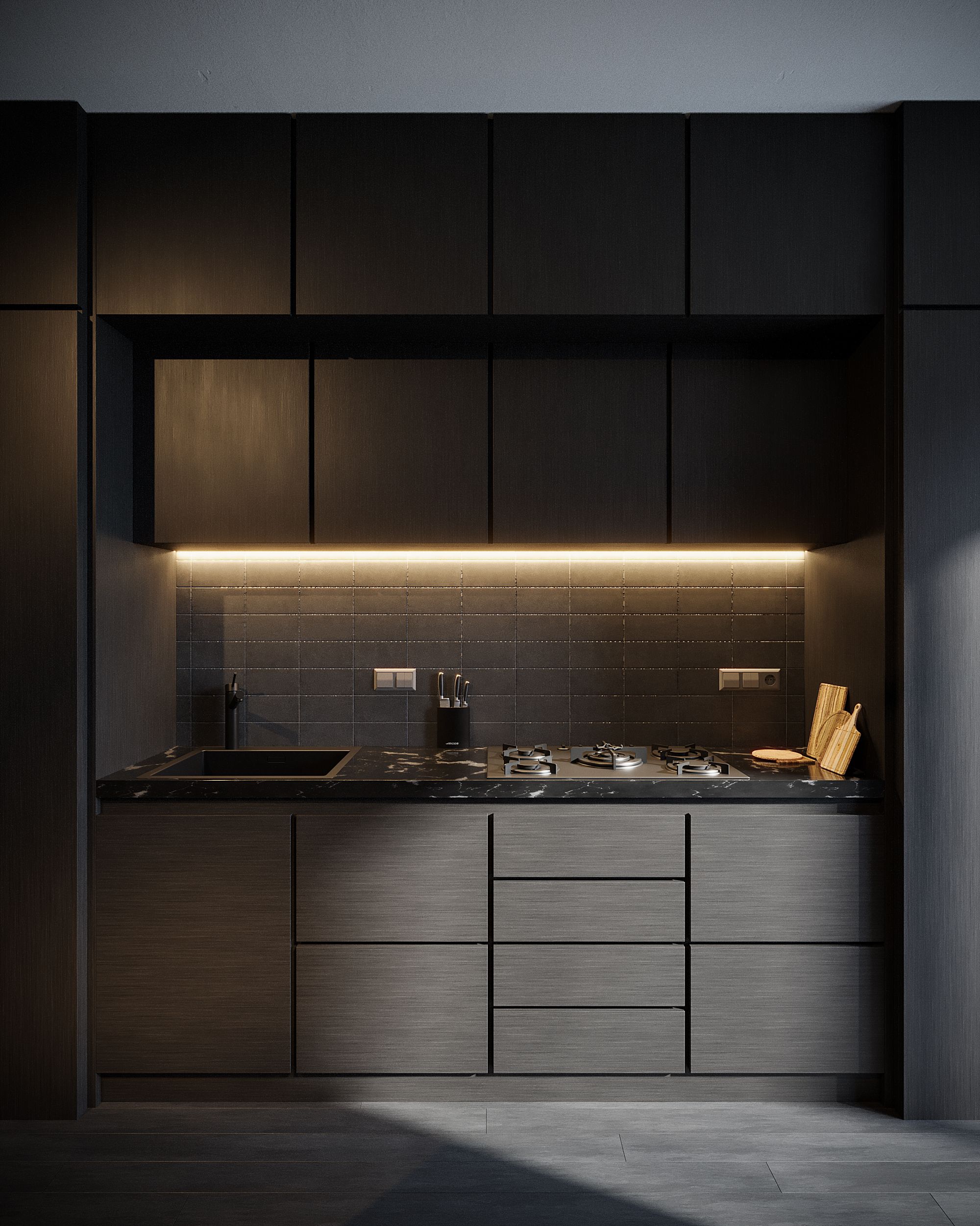 Dark-themed modern kitchen featuring sleek cabinets, sink, and stove with ambient lighting.