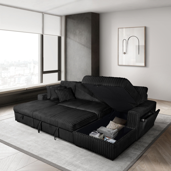 Destiny Black Corduroy U-Shaped Pull Out Sofa Sectional w/ Storage Chaises + USB + Pillows Collection - Las Vegas Furniture Store | Modern Home Furniture | Cornerstone Furniture