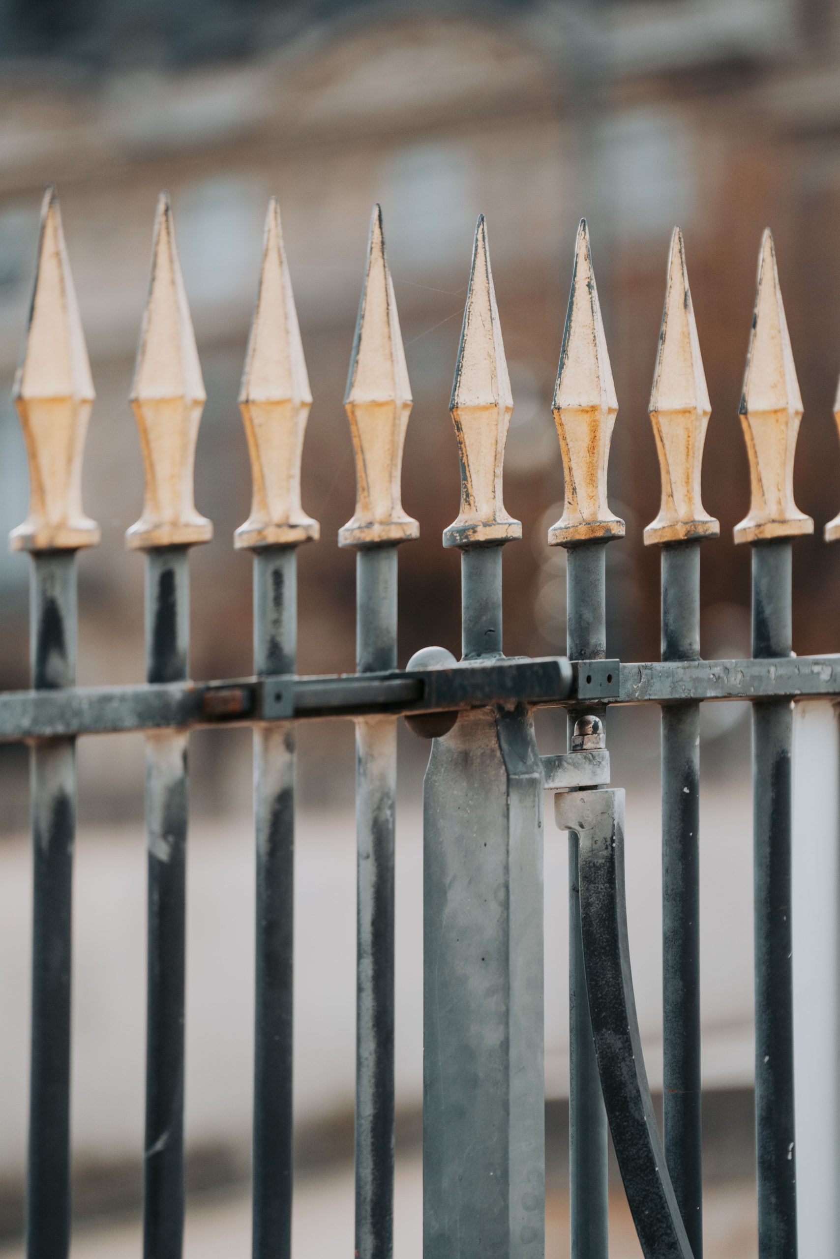 Detailed close-up of a decorative iron fence with spear tops in Paris, France.