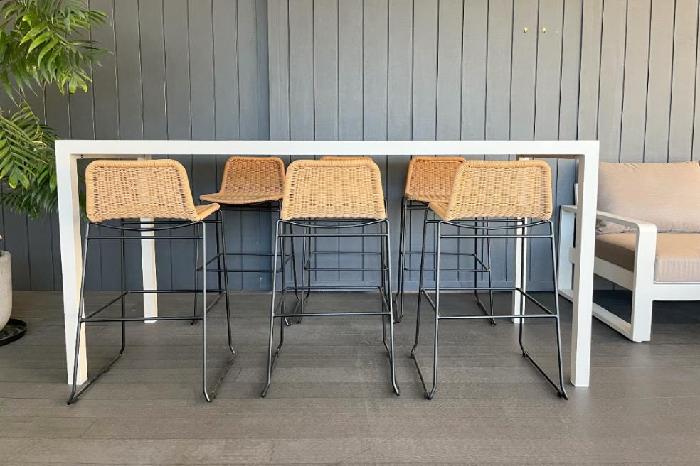 Dinner at Ours Range: Bone 2M Outdoor Bar Table & 6 Rakino Bar Chairs (2 chair colours) - Outside Space