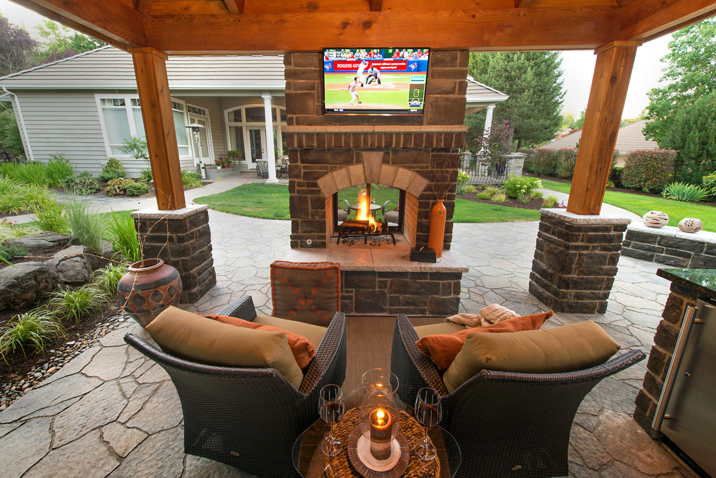 Double Sided Outdoor Fireplace - Double the Ambiance - Premier Backyard Living