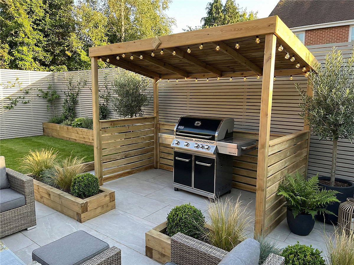eDecks The Courtyard Wooden BBQ Shelter 7 x 10ft - Half Slatted Sides Open Back Panel Outdoor Garden DIY Barbecue Grill Gazebo