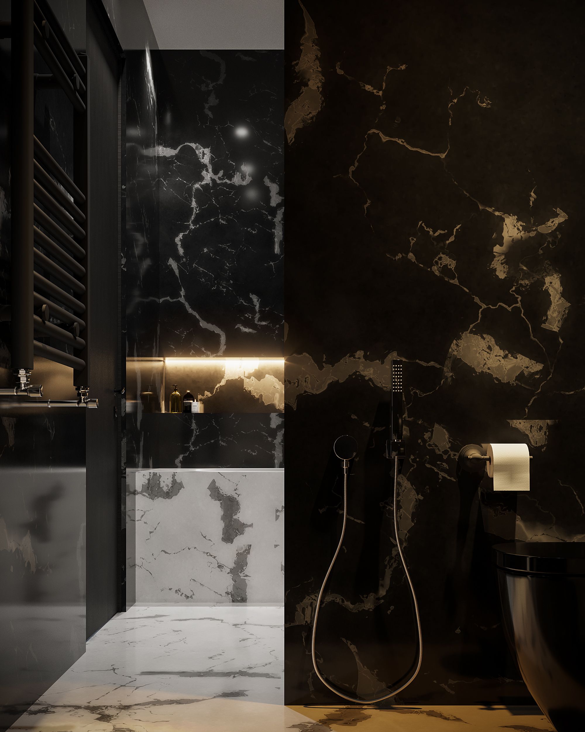 Elegant bathroom with black marble walls and contemporary fixtures.