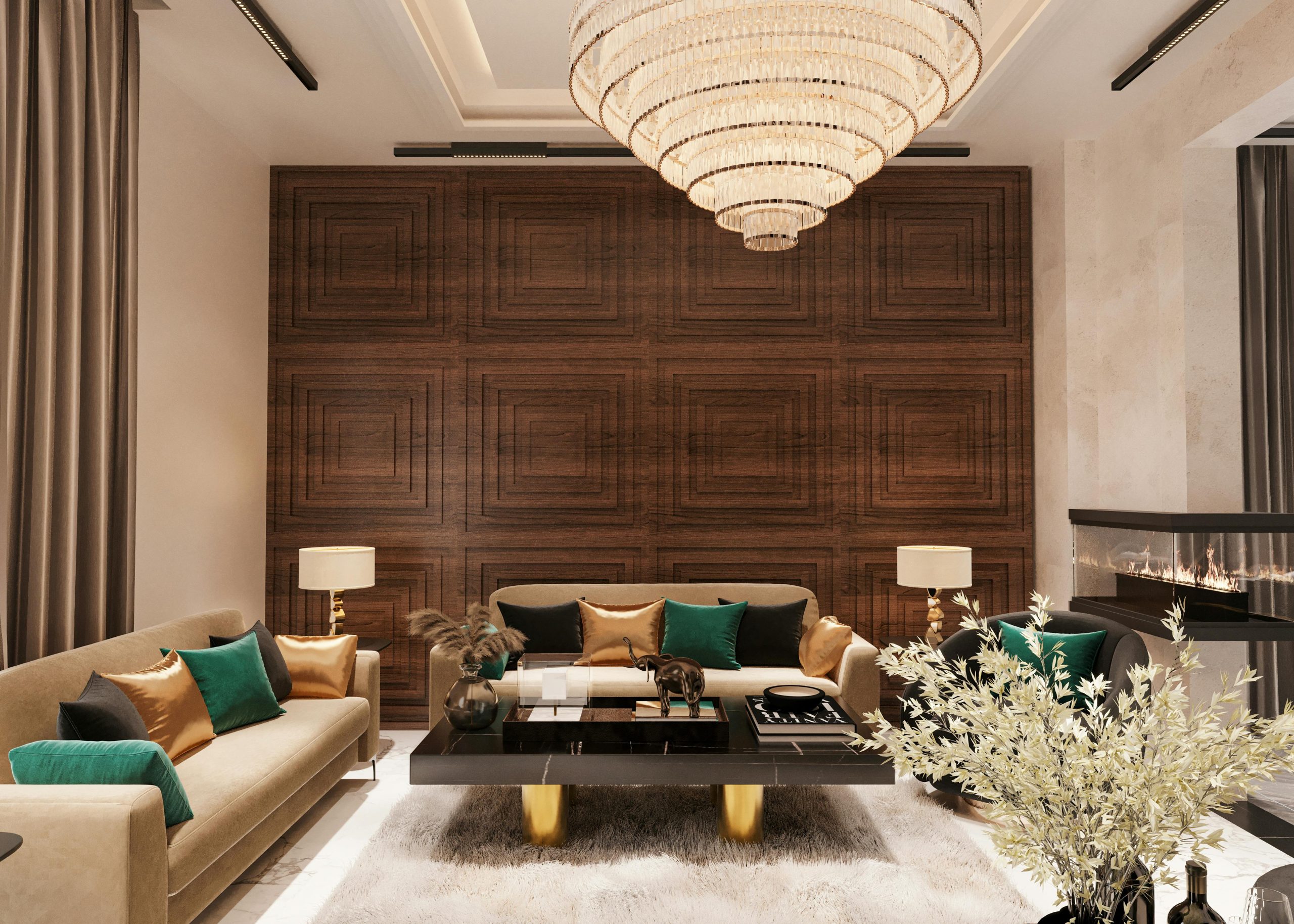 Elegant modern living room featuring a luxurious chandelier and contemporary furniture.