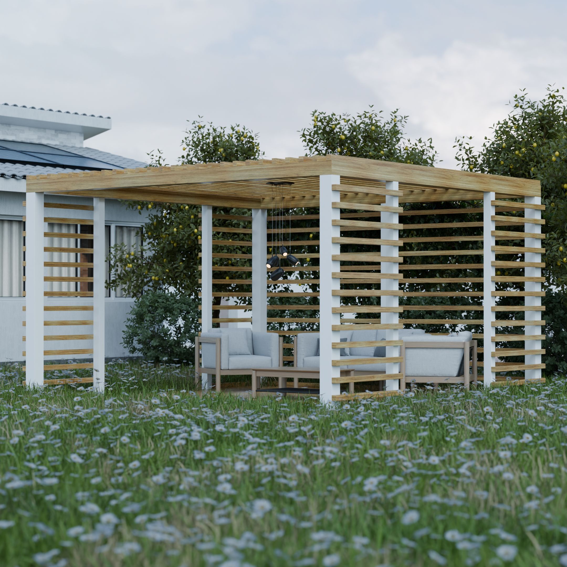Elegant wooden pergola with seating in a vibrant green garden, ideal for outdoor relaxation.