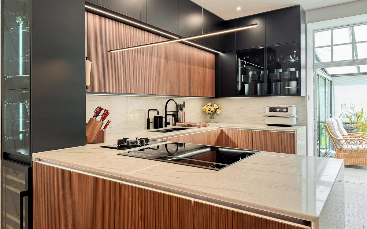 Fluted Walnut Veneer and Taj Mahal Quartzite