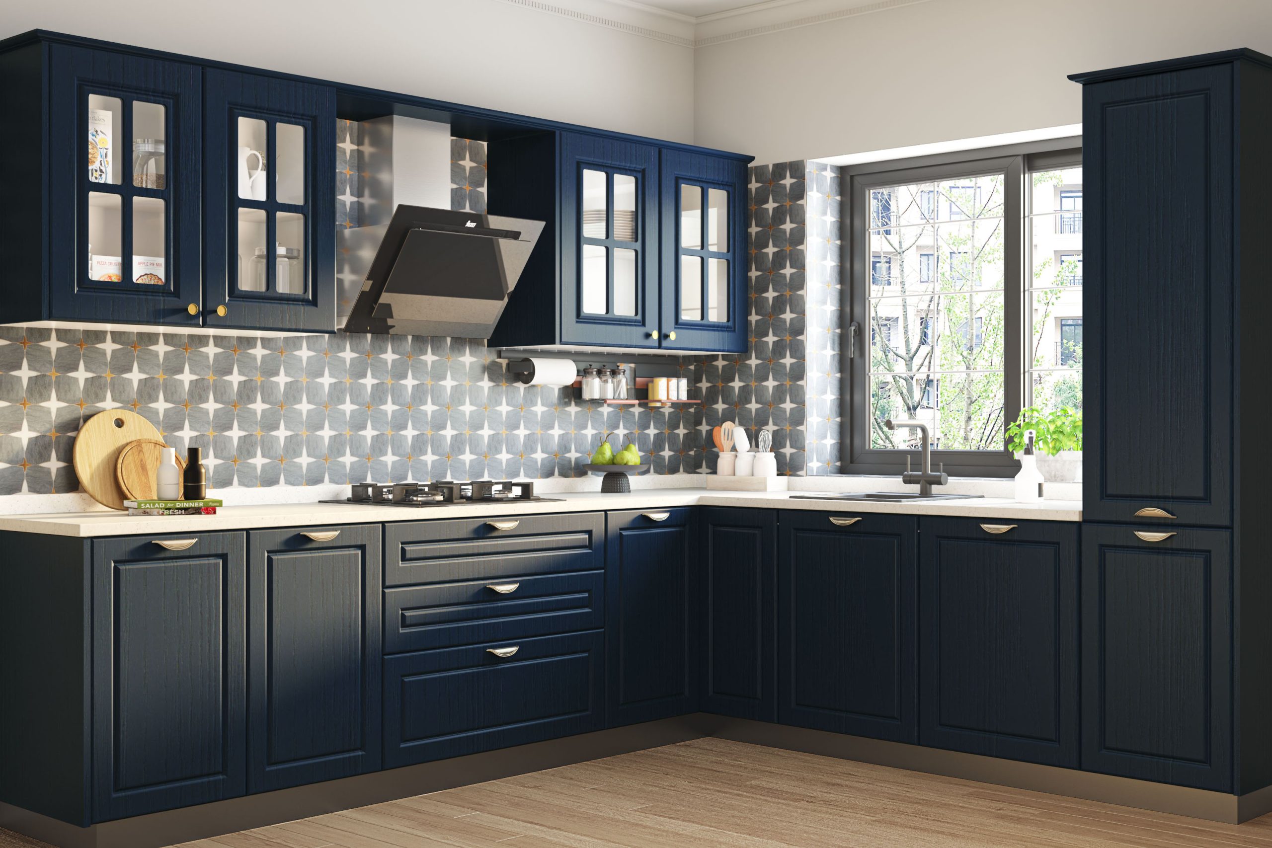 Indigo Blue Classic L-Shaped Kitchen Design with White Quartz Countertop and Glass-Front Cabinets | Livspace