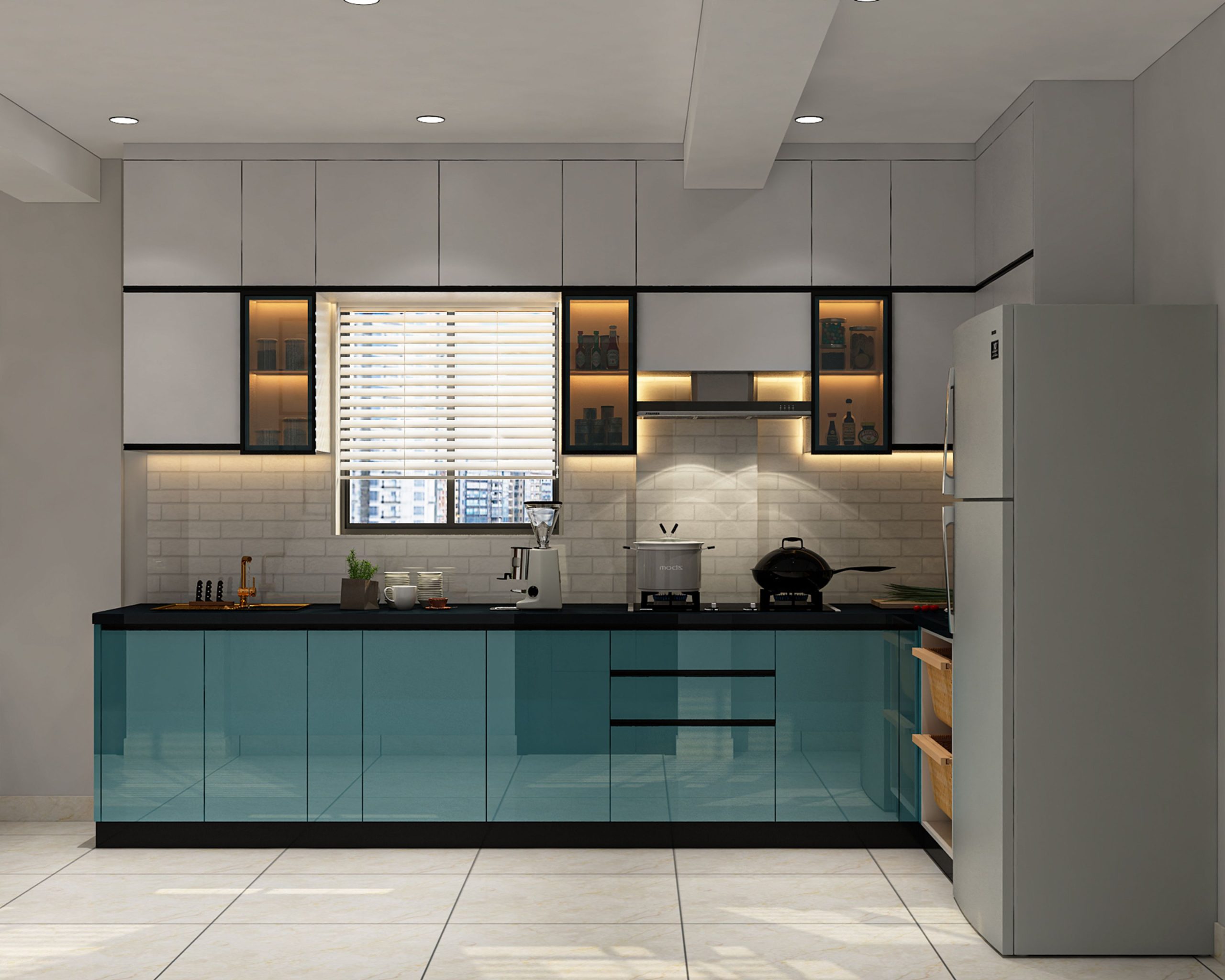 L-Shaped Modern Kitchen Design with Glossy Blue Base and White Wall Cabinets | Livspace