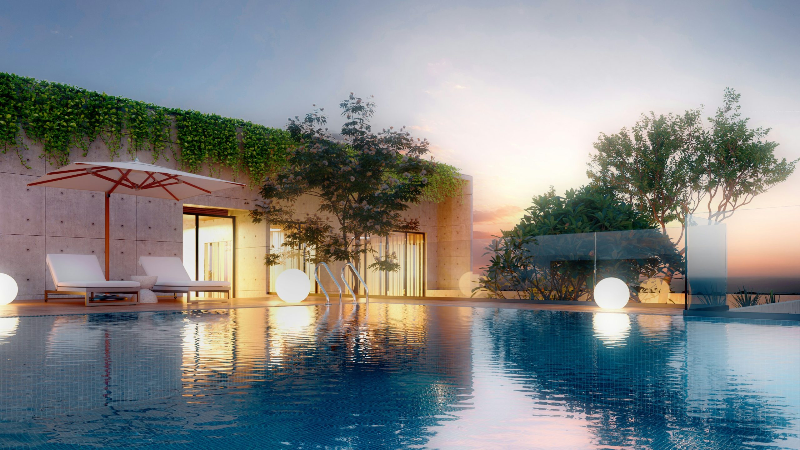 Luxurious Rooftop Swimming Pool at Sunset with Modern Lounge Chairs, Spherical Lights, and Lush Greenery