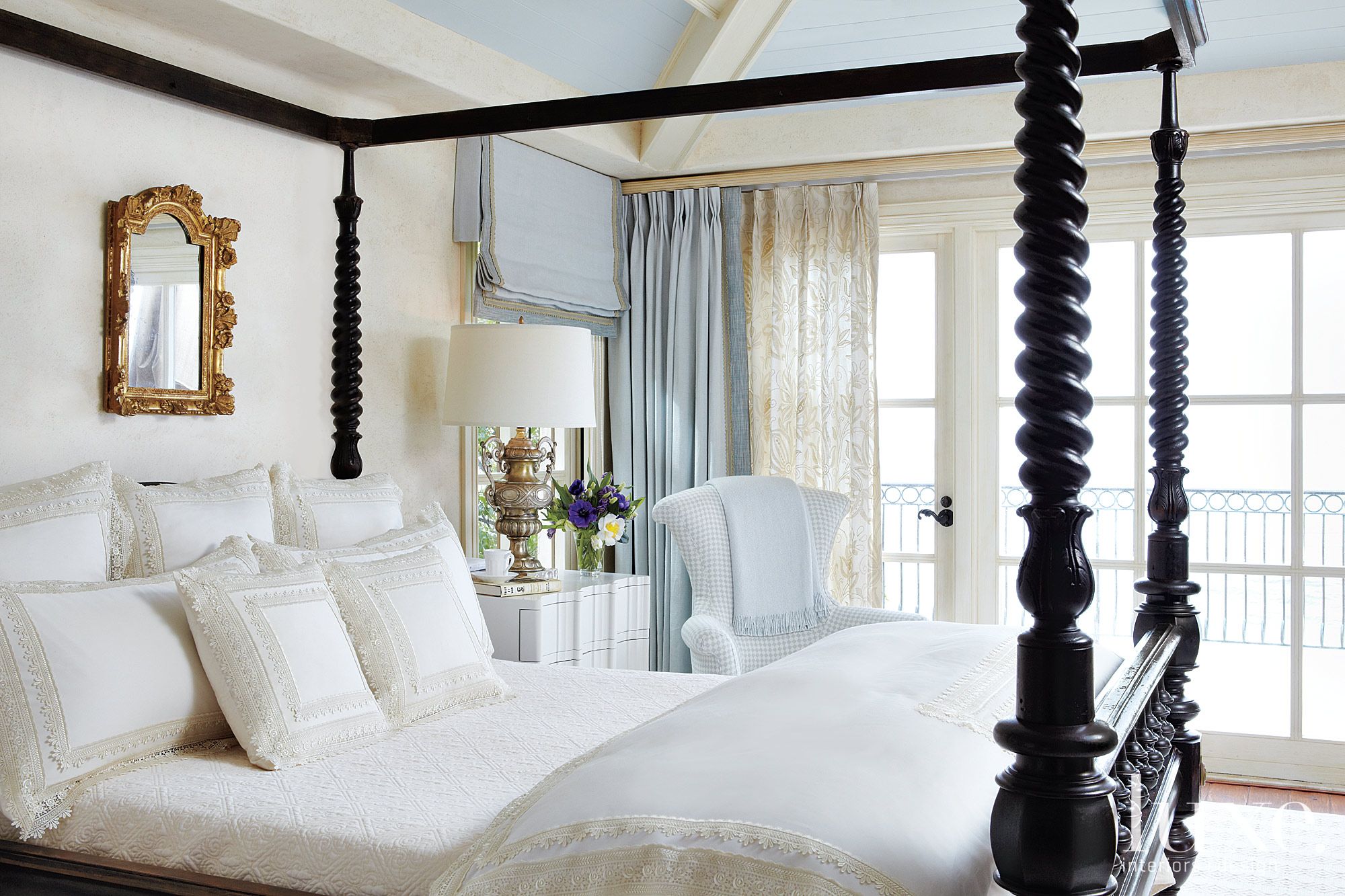 Mediterranean White Master Bedroom with Blue Ceiling | LUXE Interiors + Design
