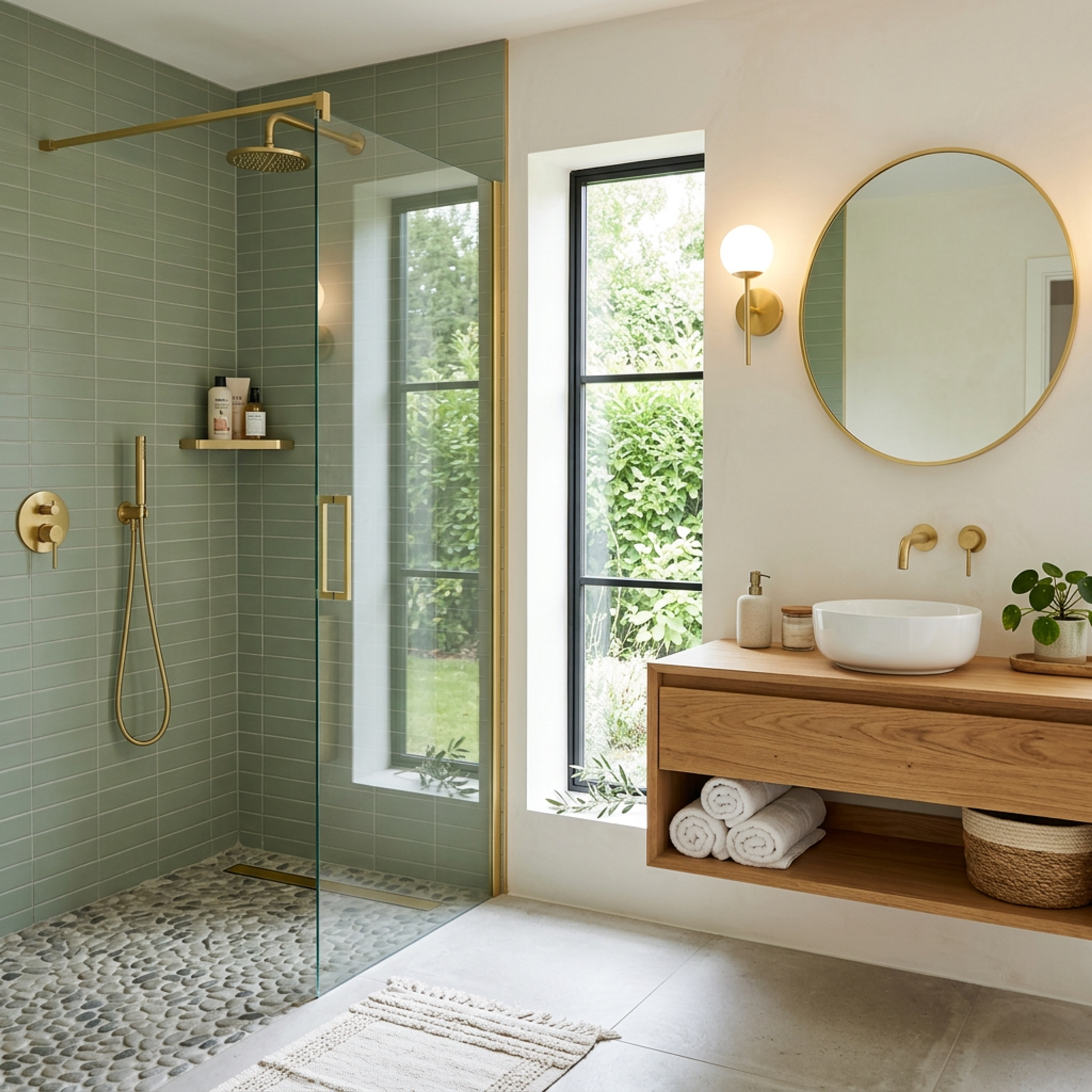 Modern Bathroom Design with Green and Grey Tiles and Gold Fixtures | Livspace