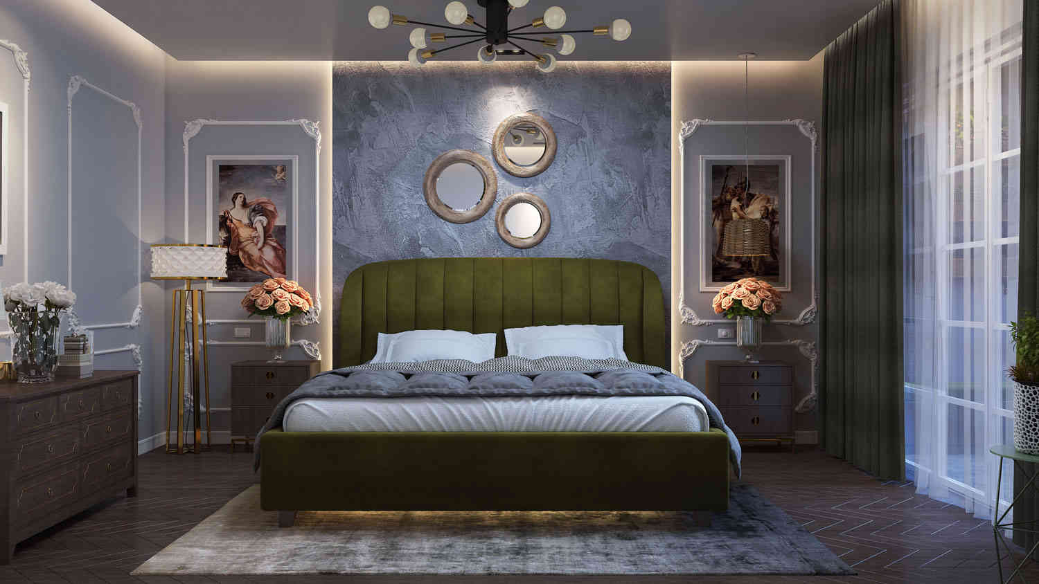 Modern Bedroom Interior With A Grey Upholstered Bed by Diviana Interior | KreateCube