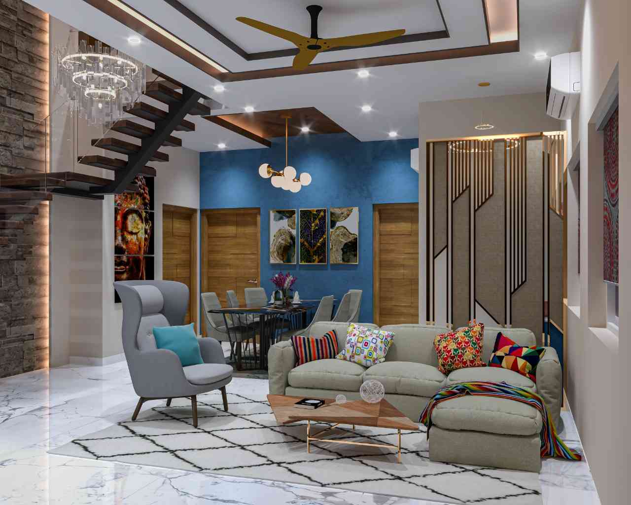 Modern Living Room Design With Blue Accent Wall And Dark Grey Sectional Sofa by Kalyan Interiors | KreateCube