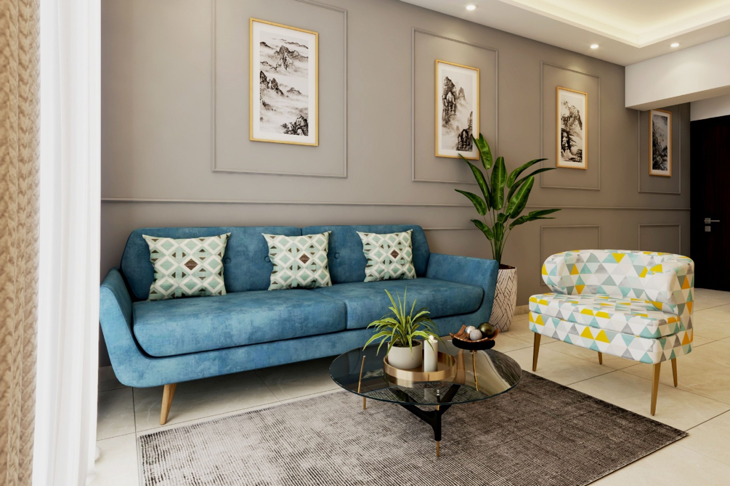 Modern Living Room Design With Blue Sofa And Geometric Accent Chair - 13x12 Ft | Livspace