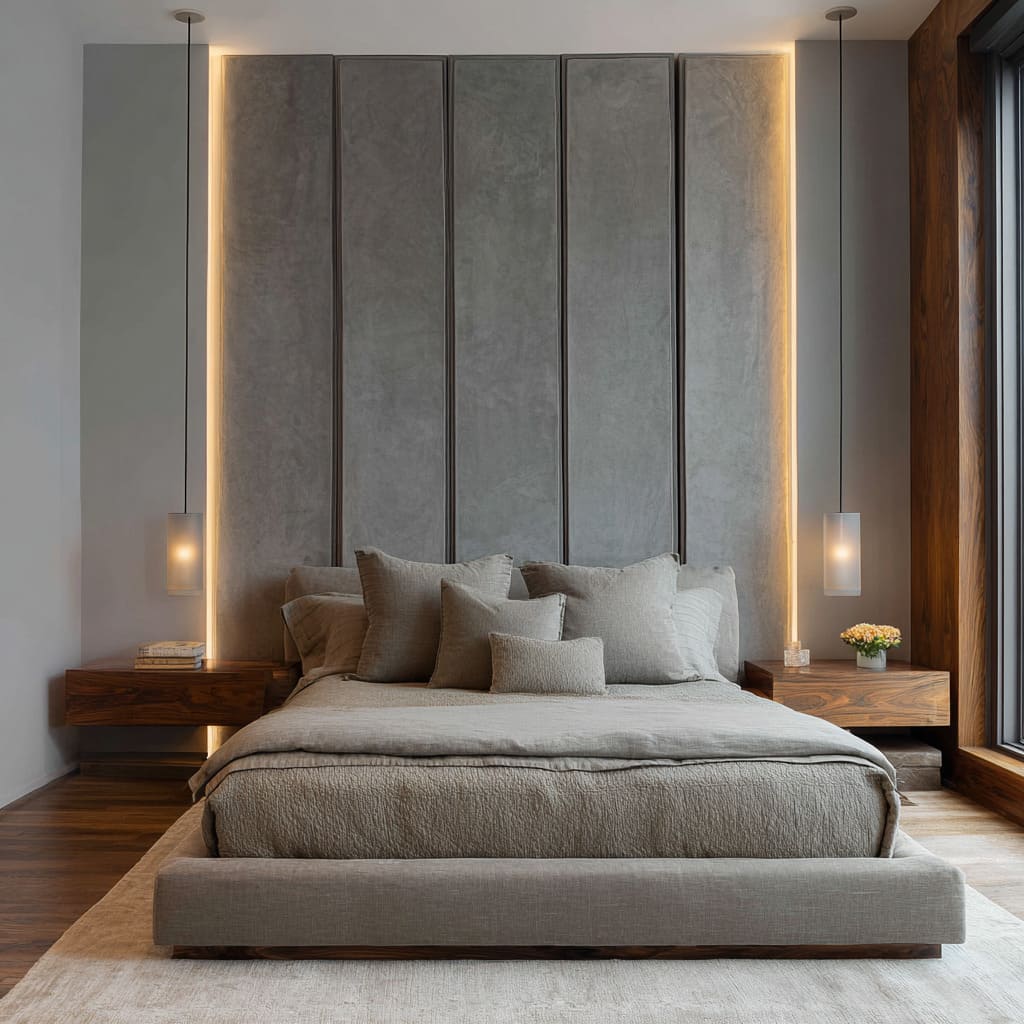 Modern Luxury Master Bedroom with Slat & Grid Feature Wall