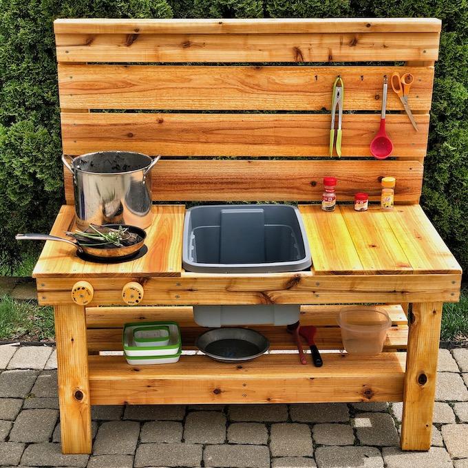 Outdoor Mud Kitchen OLAKIDS Mud Kitchen, Outdoor Toys Play Kitchen With Awning Faucet Stoves Removable Sink