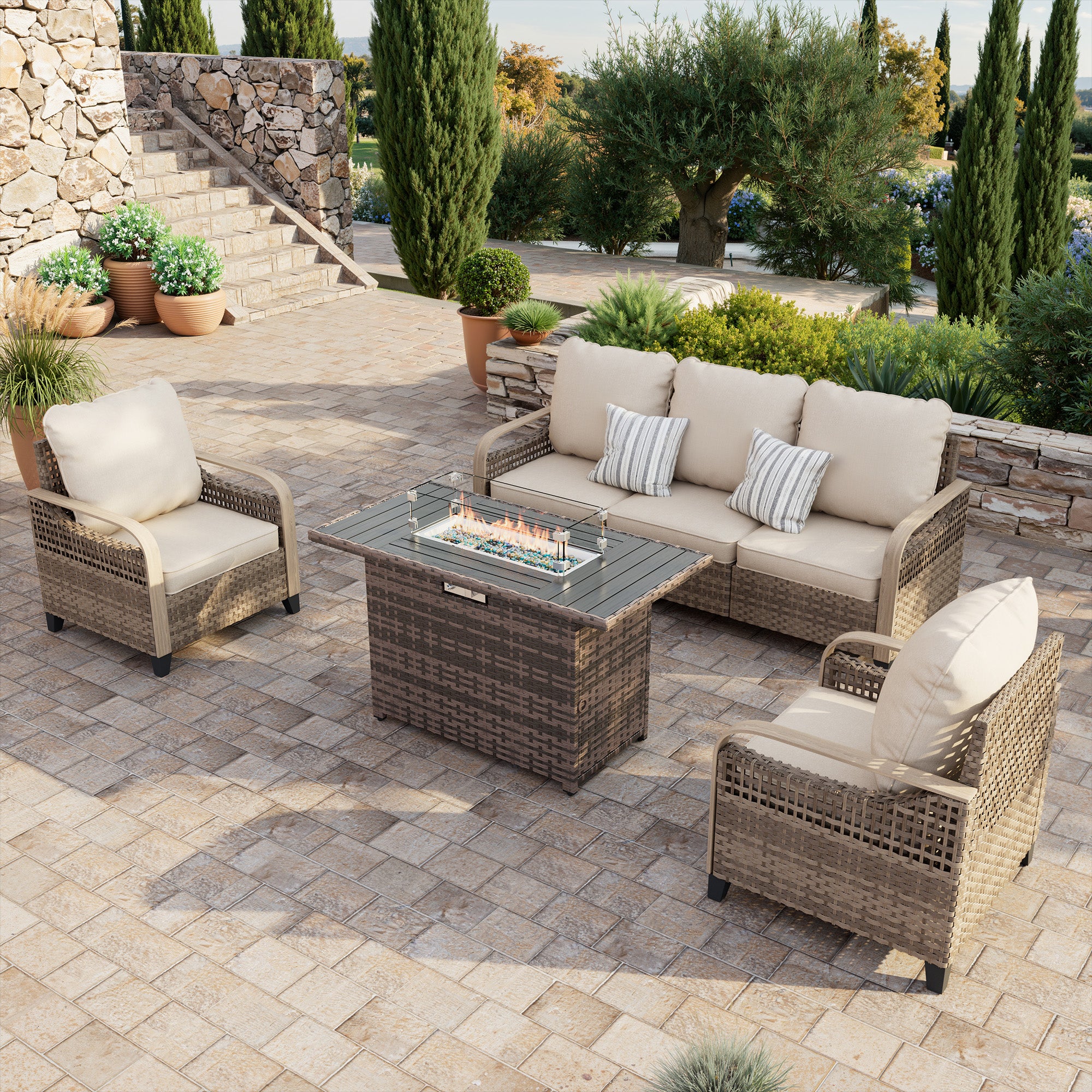 Patio Furniture Set with Fire Pit Table, 4 Pcs Patio Set with 105-Degree Ergonomic High Back, Yellow Wicker Rattan Outdoor Conversation Sets for Deck, ...