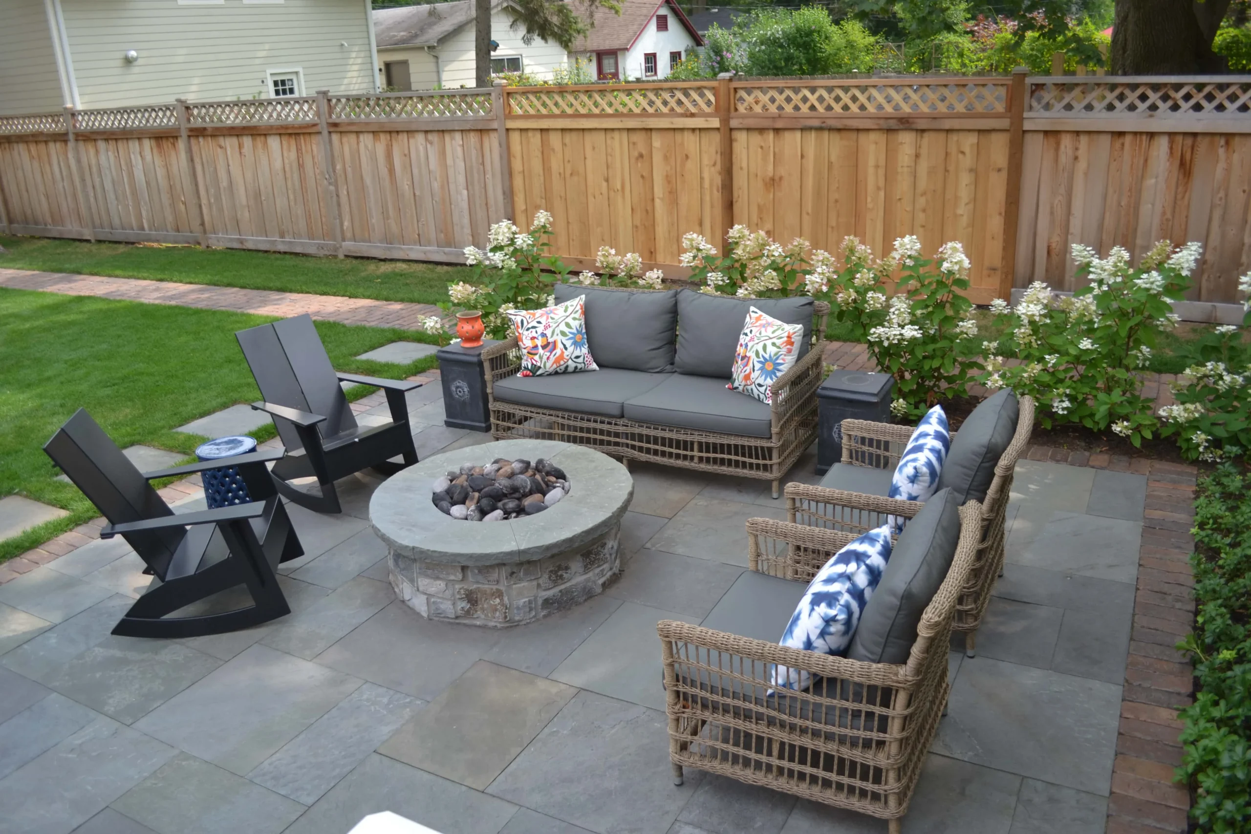 Reclaimed Pavers, Bluestone Patio, & Stone Fire Pit