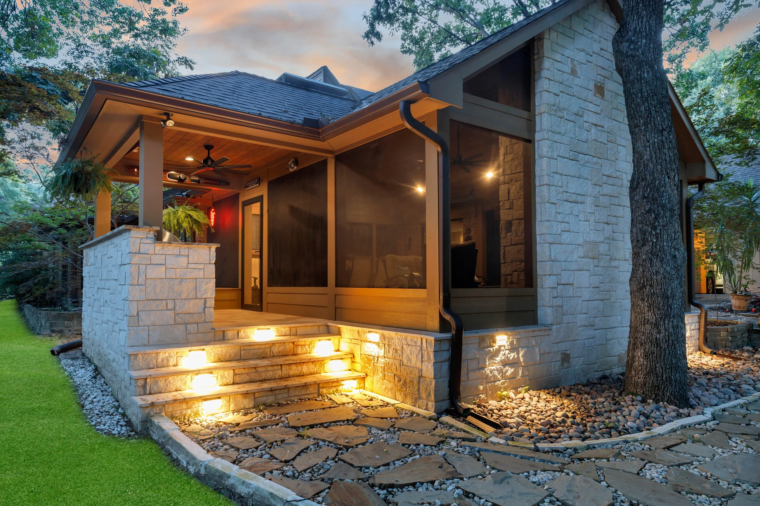 Rustic McKinney Outdoor Living with Patio Cover, Screened Porch, Kitchen, & Fireplace | TCP Custom