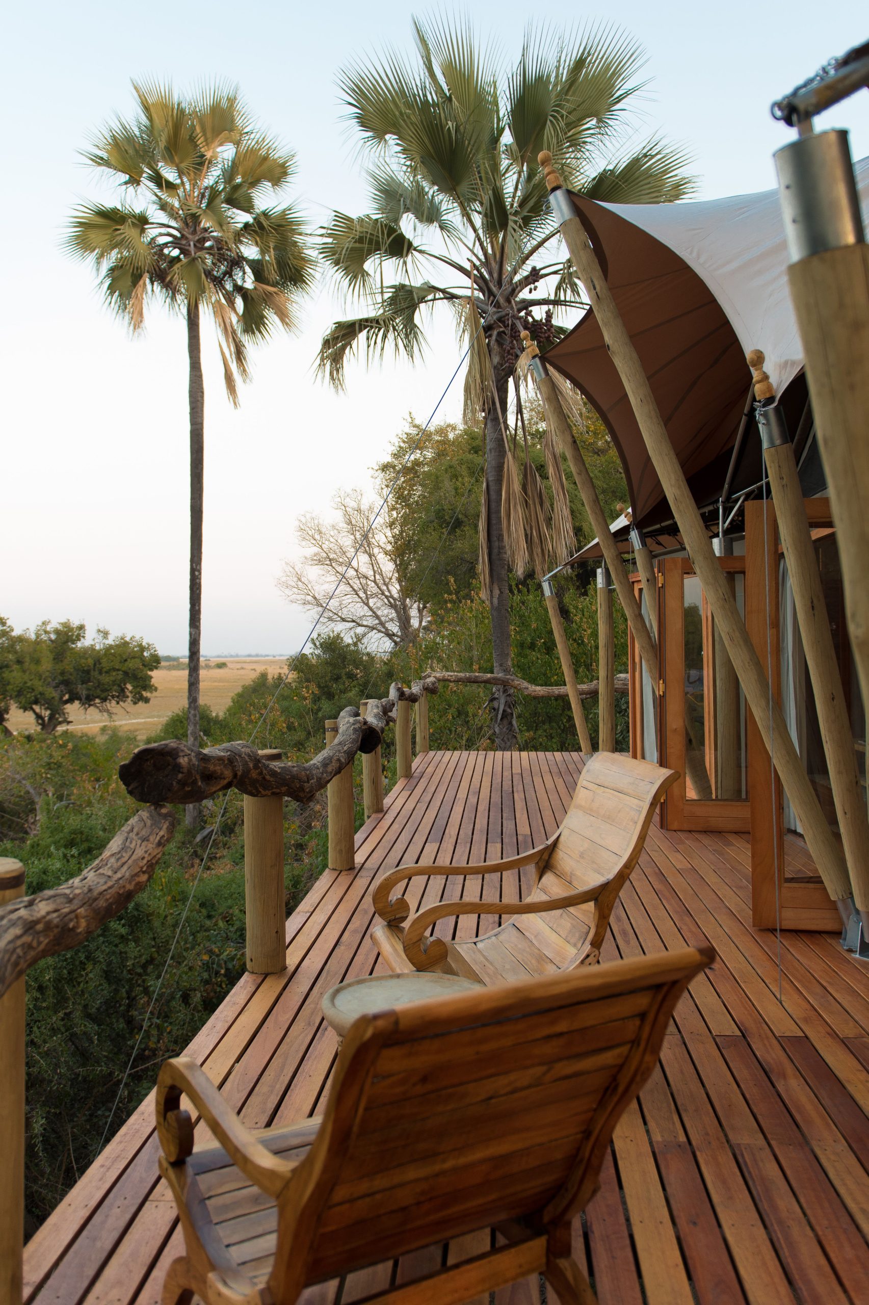 Scenic view from a safari lodge deck with palm trees and wooden chairs, ideal for relaxation.