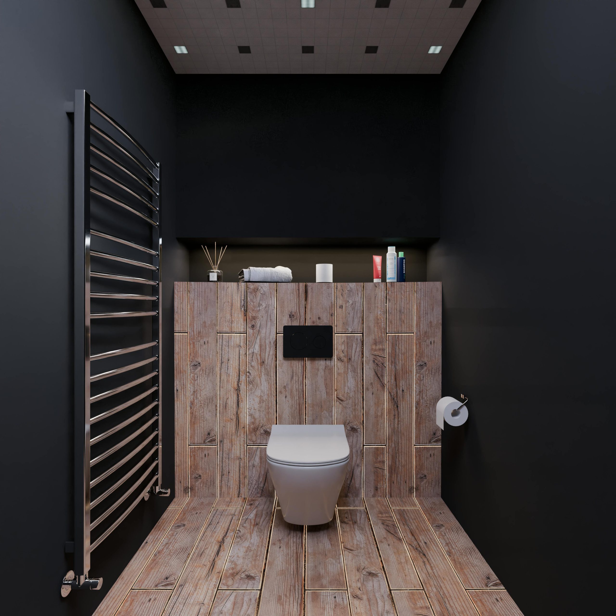 Sleek black bathroom with wooden features and contemporary design elements.